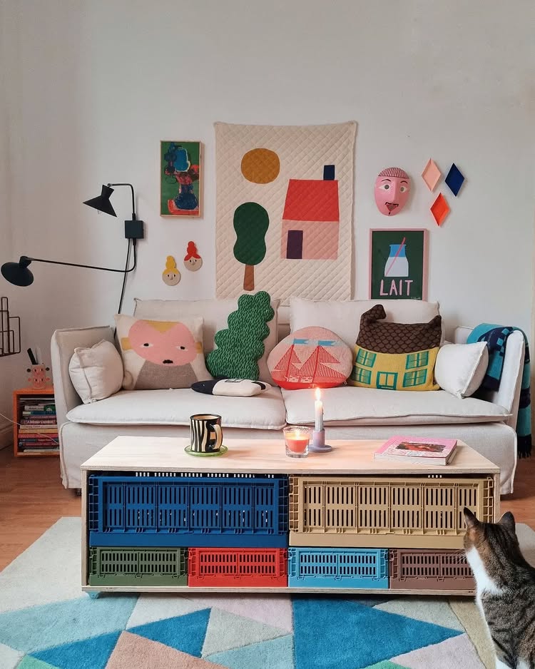 Color crates placed under the coffee table of a living room