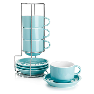 Porcelain Stackable Cappuccino Cups with Saucers and Metal Stand