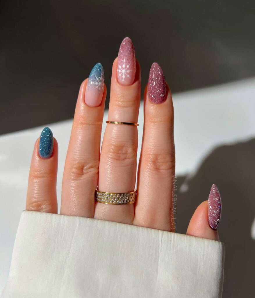 Purple and blur snowflake nails