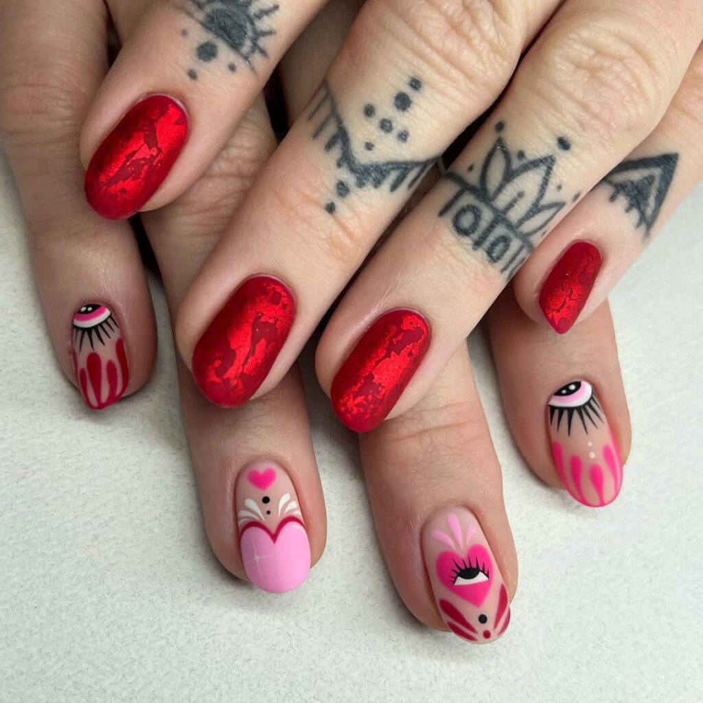 Pink and red valentine nails 